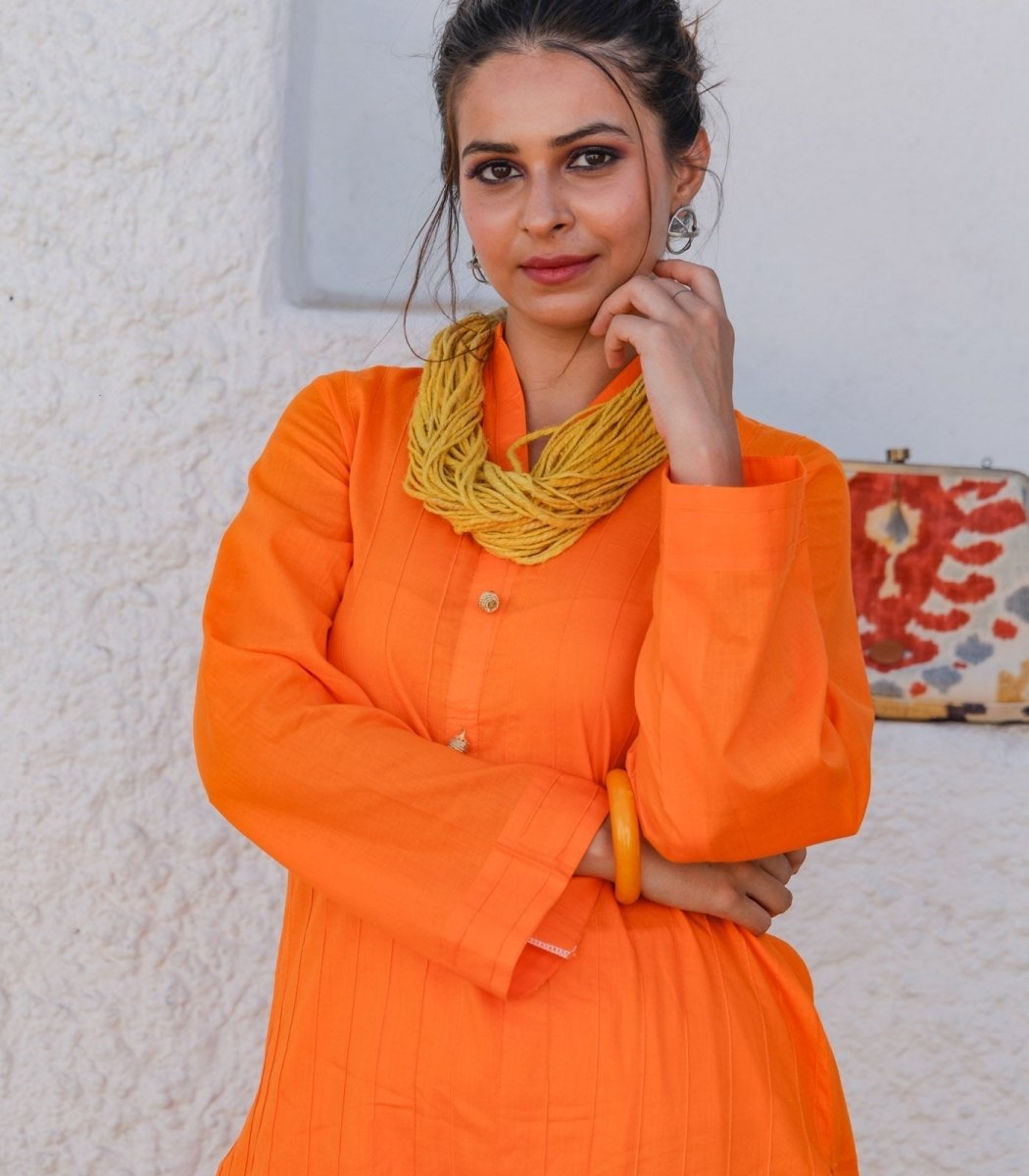 Electric Orange Cotton Long Kurta - Outro Studio