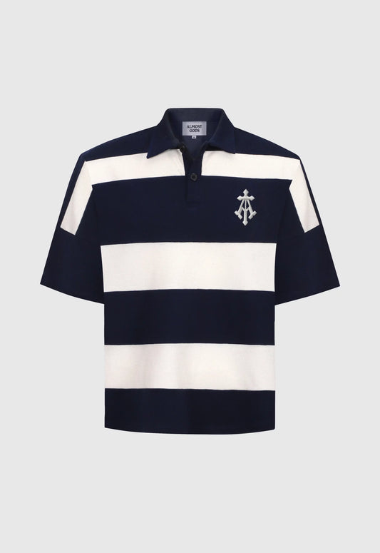 Alpha Cross Woven Striped Polo in Navy and White