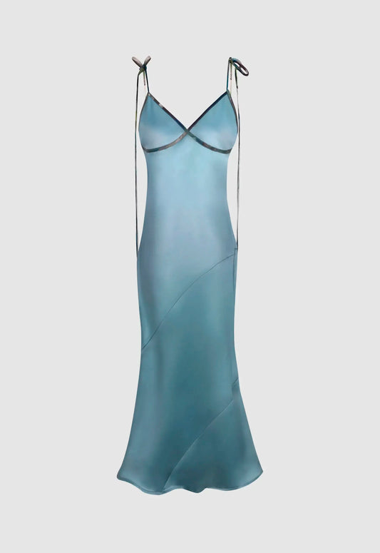 Midi Satin Dress in Marine with Noodle Straps