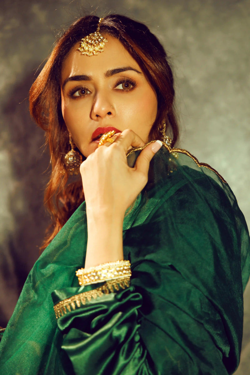 Green Gajji Silk Embroidered Kurta Set With Dupatta - Outro Studio