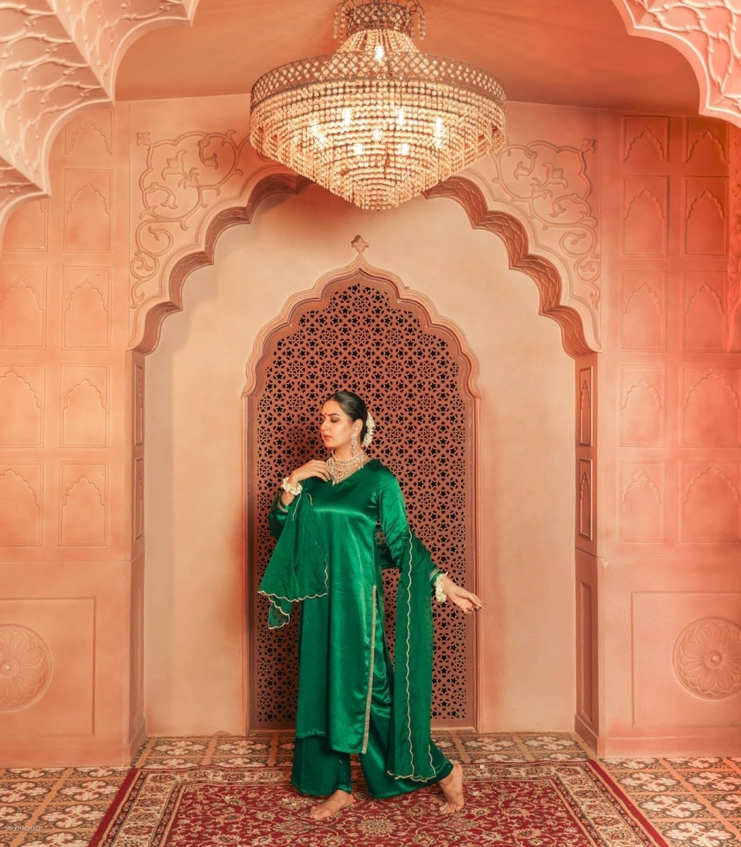 Green Gajji Silk Embroidered Kurta Set With Dupatta - Outro Studio