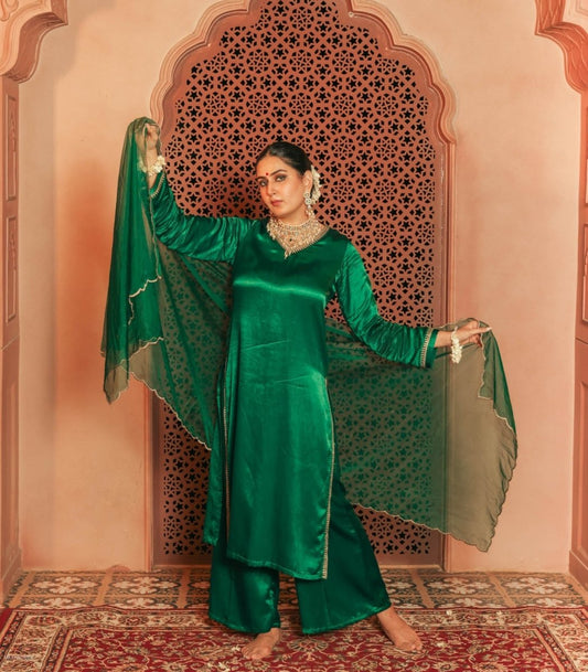 Green Gajji Silk Embroidered Kurta Set With Dupatta - Outro Studio