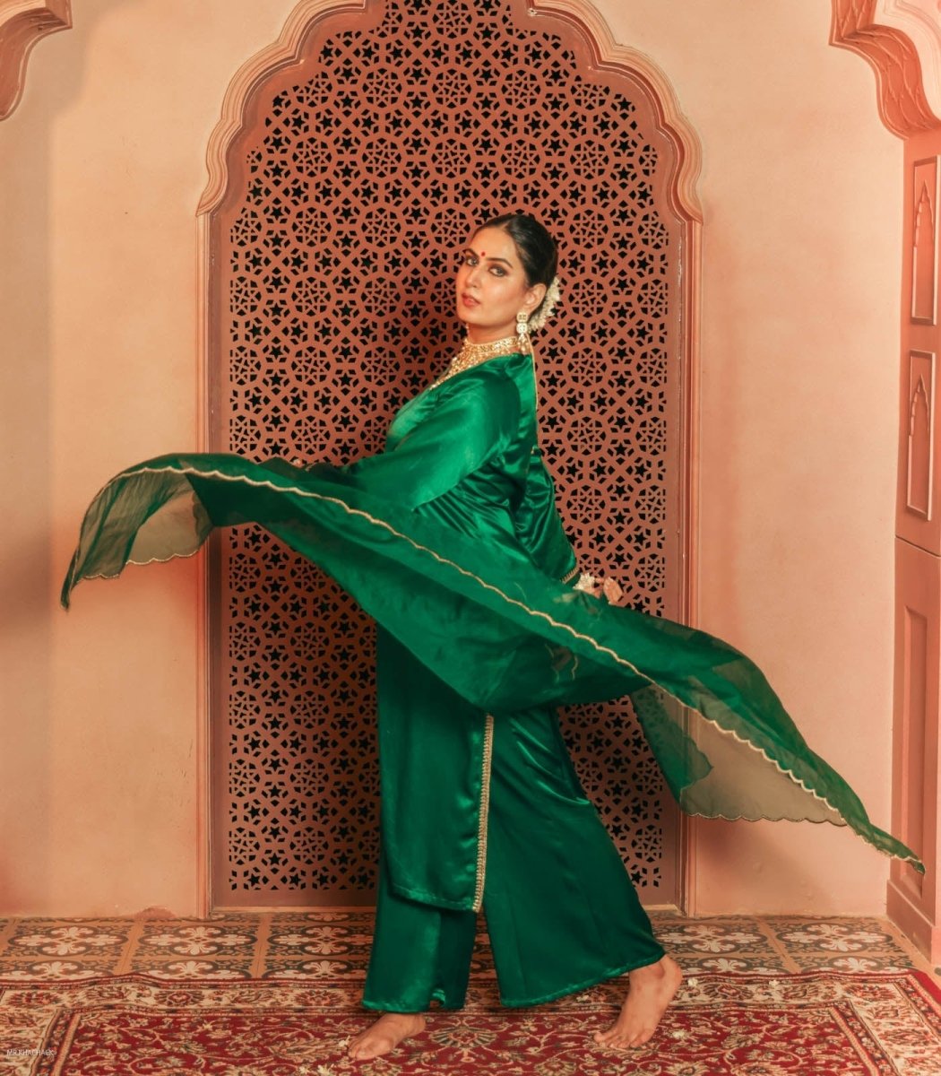 Green Gajji Silk Embroidered Kurta Set With Dupatta - Outro Studio