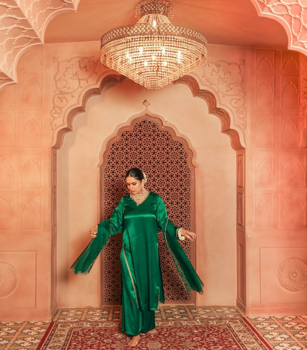 Green Gajji Silk Embroidered Kurta Set With Dupatta - Outro Studio