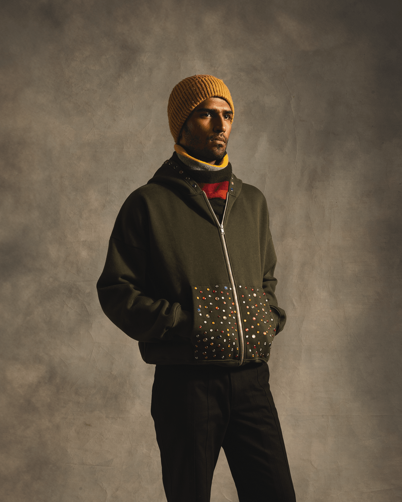 Double Zip Gem Hoodie In Green