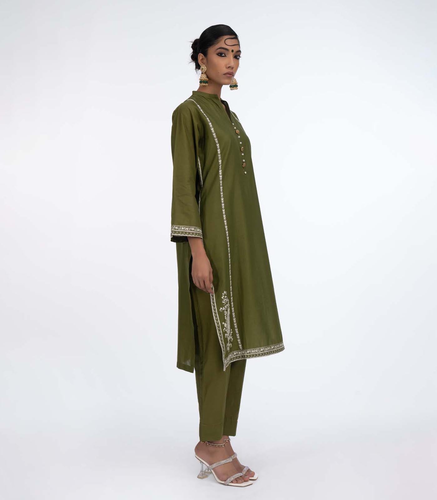 Mehandi Green Lawn Embroiderd co-ord set