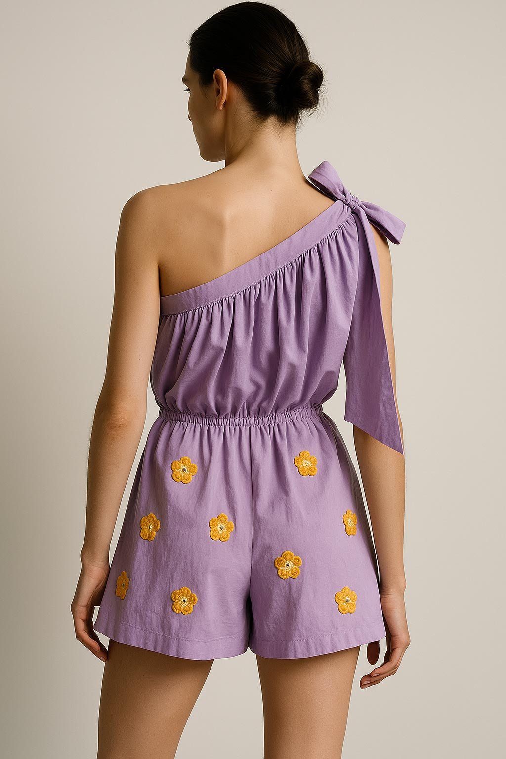 Lilac Poplin Romper With Yellow Crochet Flowers - erised pret