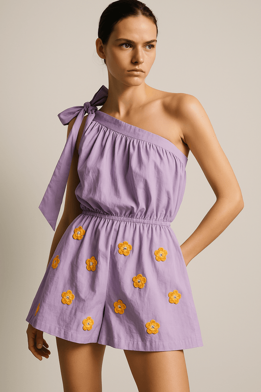 Lilac Poplin Romper With Yellow Crochet Flowers - erised pret