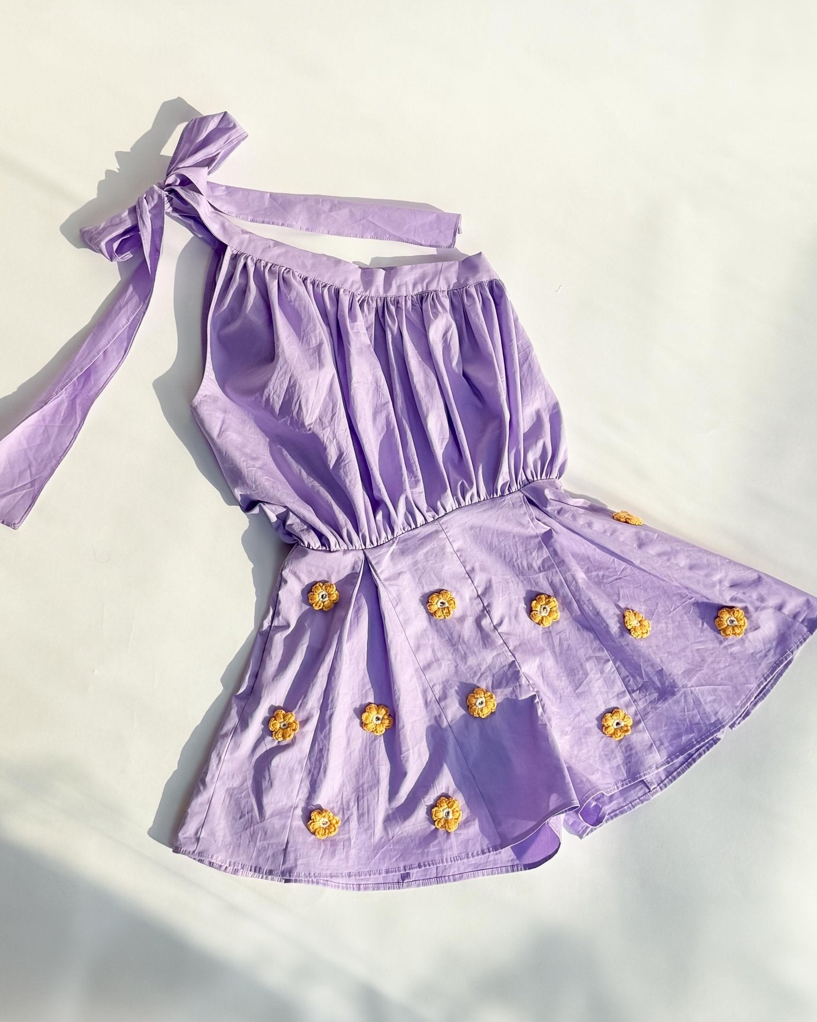 Lilac Poplin Romper With Yellow Crochet Flowers - erised pret