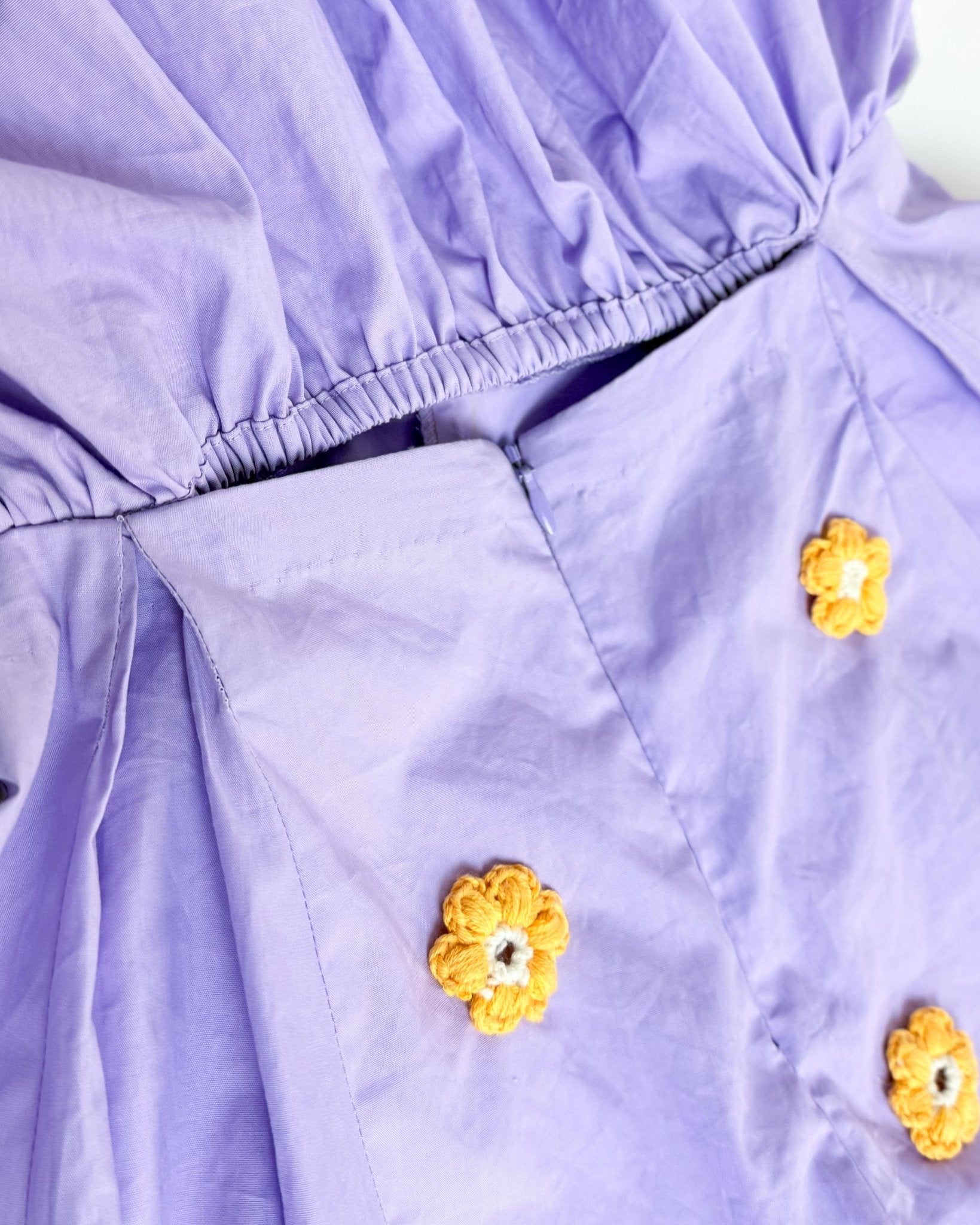 Lilac Poplin Romper With Yellow Crochet Flowers - erised pret