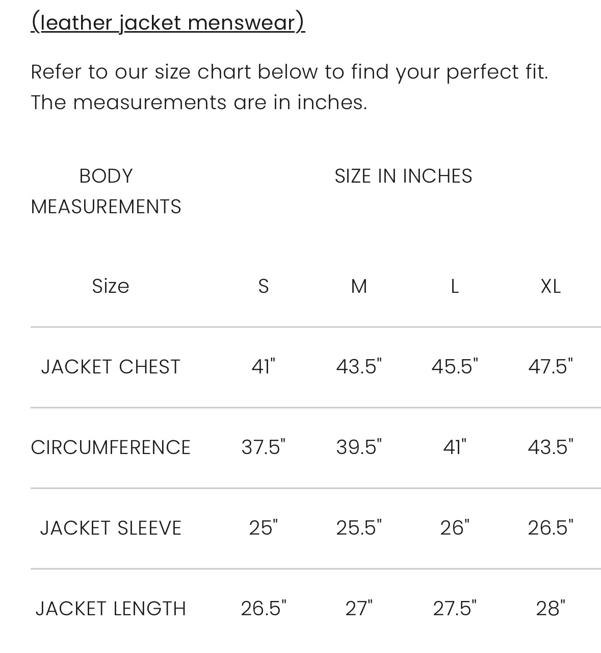 Size chart