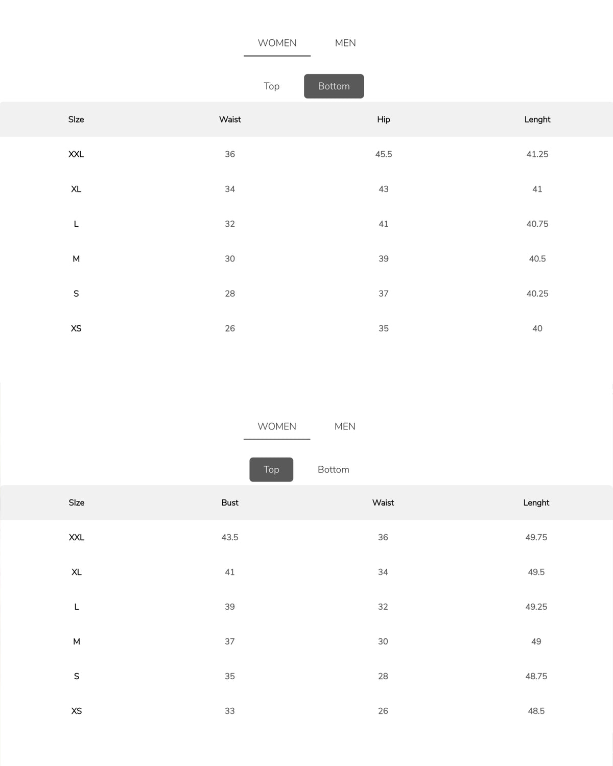 Size chart
