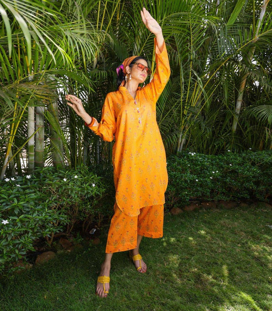 Orange Lawn Printed Co - ord Set - Outro Studio