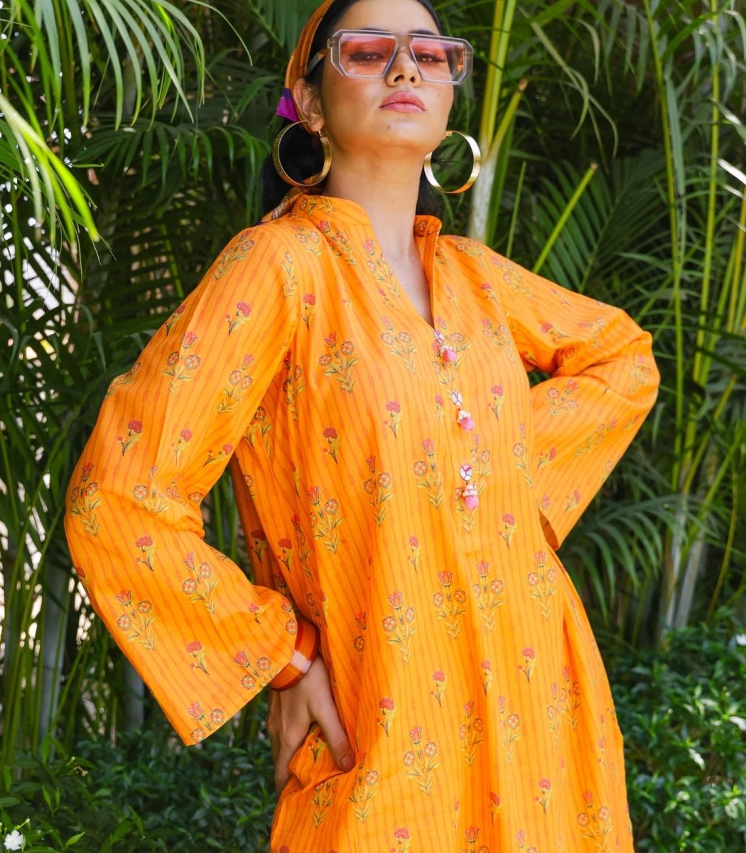 Orange Lawn Printed Co - ord Set - Outro Studio