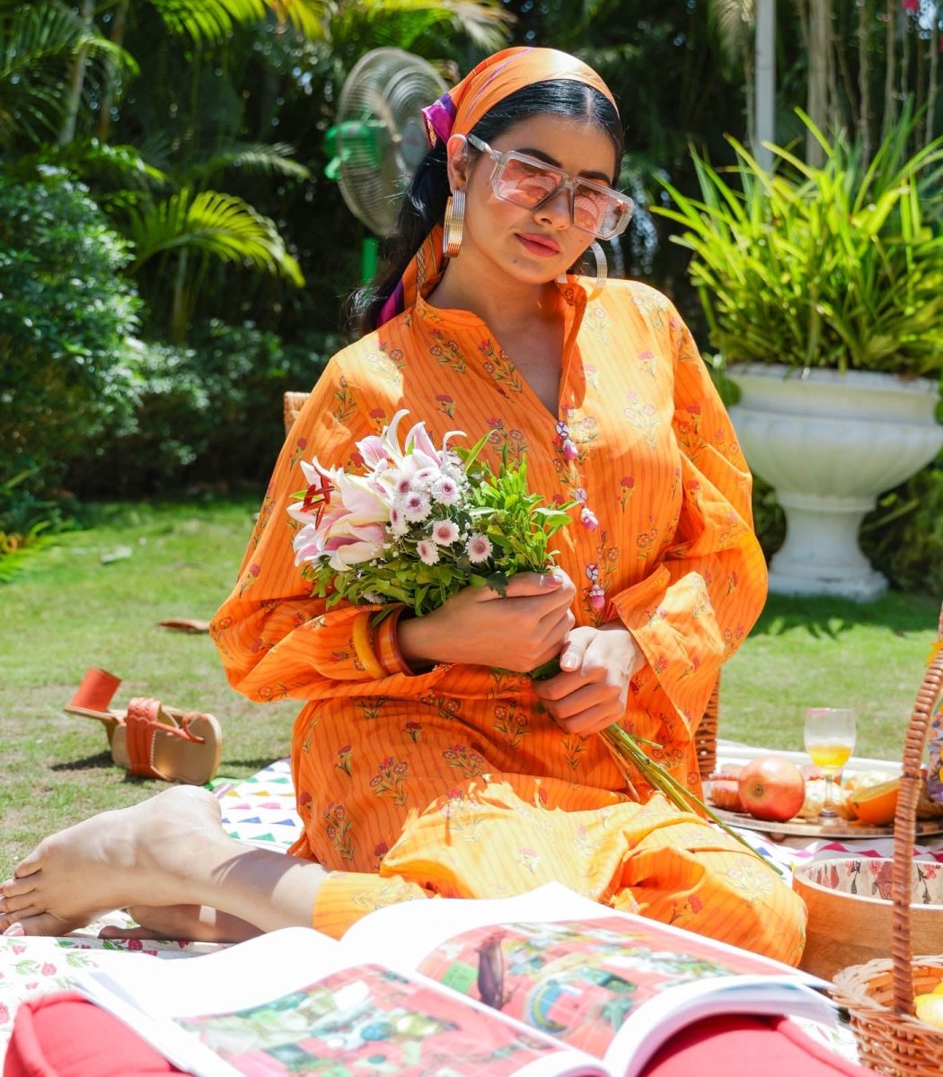 Orange Lawn Printed Co - ord Set - Outro Studio