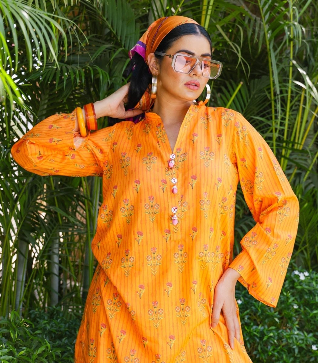 Orange Lawn Printed Co - ord Set - Outro Studio