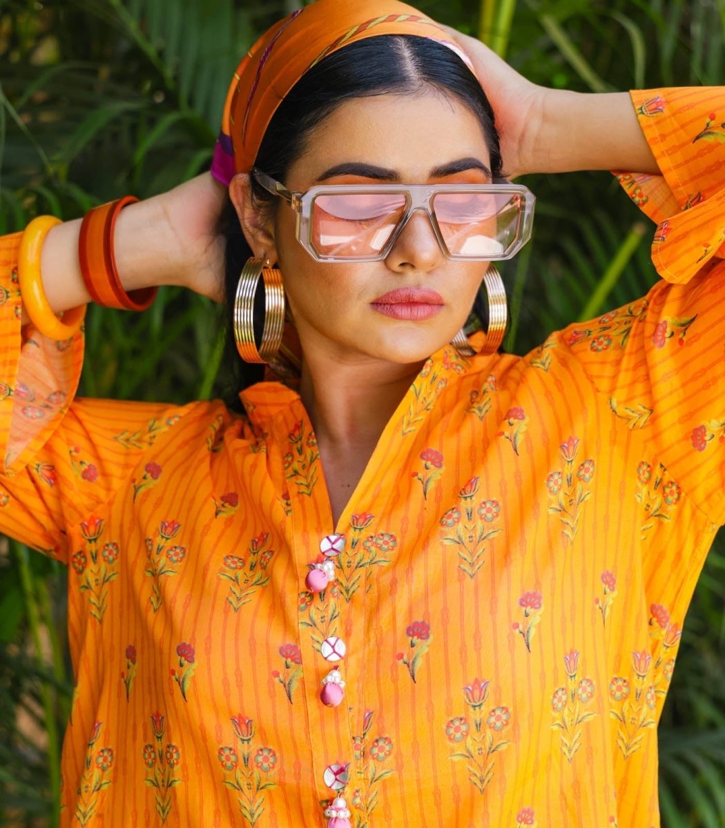 Orange Lawn Printed Co - ord Set - Outro Studio