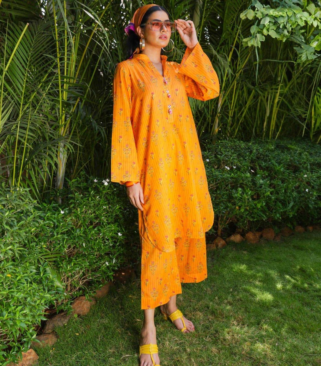Orange Lawn Printed Co - ord Set - Outro Studio