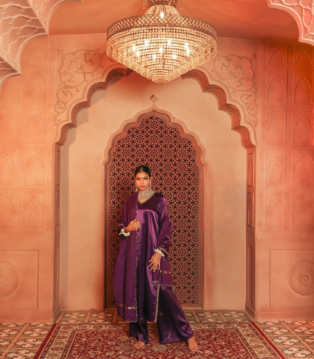 Purple Embroidered Gajji Silk Kurta Set With Dupatta Set - Outro Studio