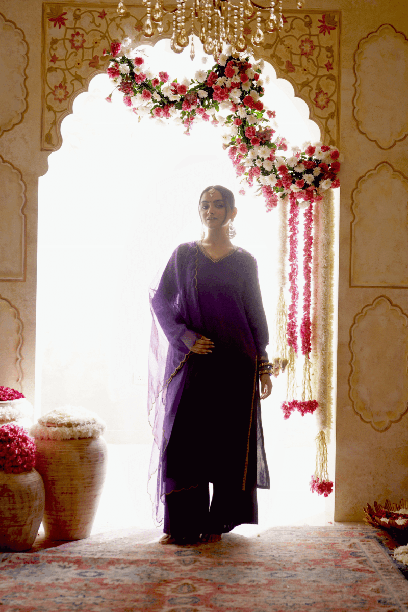Purple Embroidered Gajji Silk Kurta Set With Dupatta Set - Outro Studio