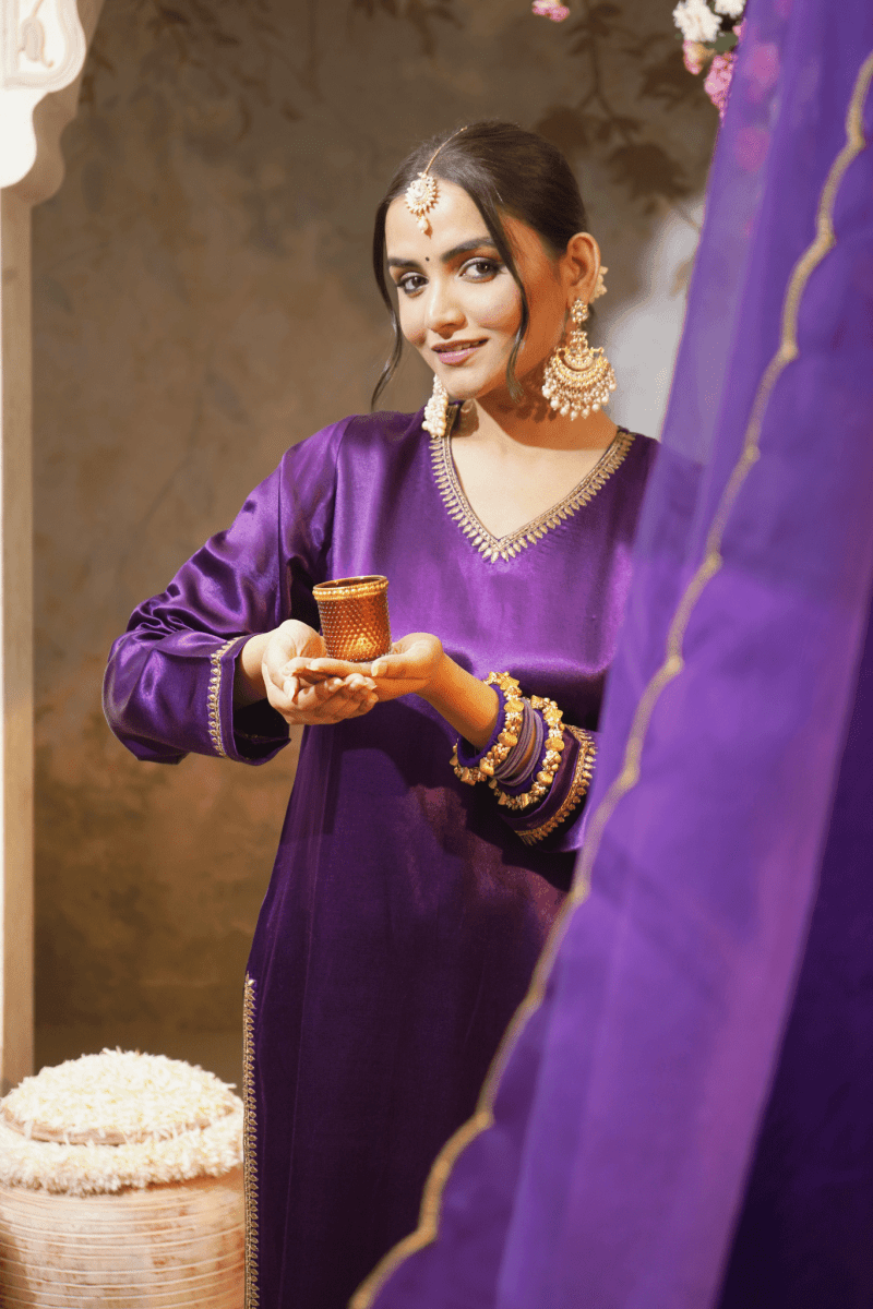 Purple Embroidered Gajji Silk Kurta Set With Dupatta Set - Outro Studio