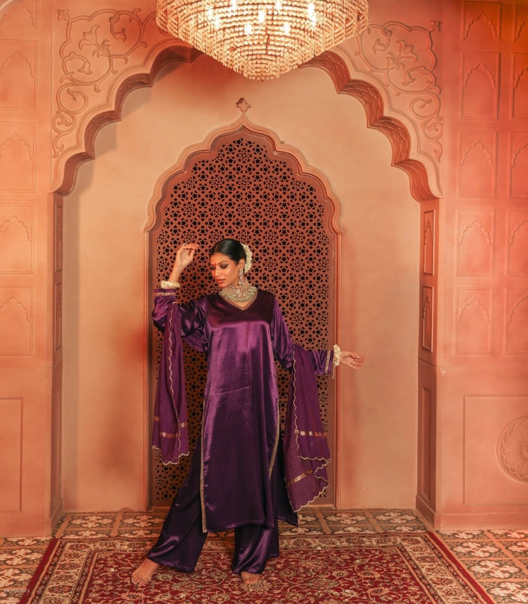 Purple Embroidered Gajji Silk Kurta Set With Dupatta Set - Outro Studio