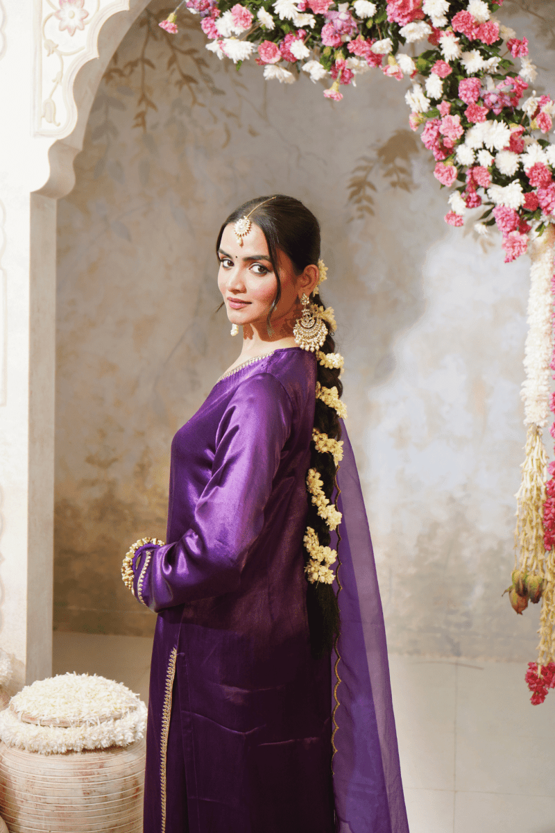 Purple Embroidered Gajji Silk Kurta Set With Dupatta Set - Outro Studio