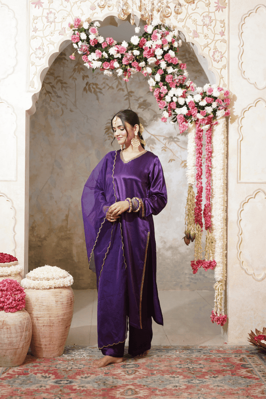 Purple Embroidered Gajji Silk Kurta Set With Dupatta Set - Outro Studio