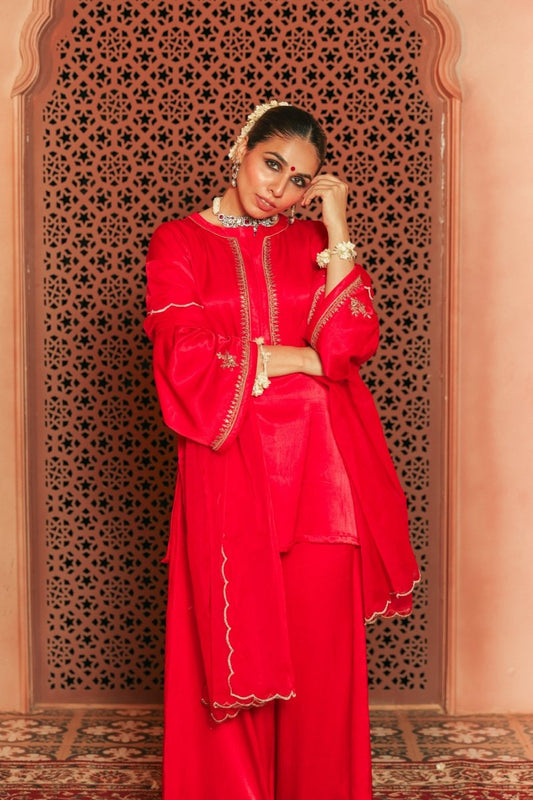 Red Gajji silk Embroiderd sharara set with elasticated waist pant and dupatta - Outro Studio
