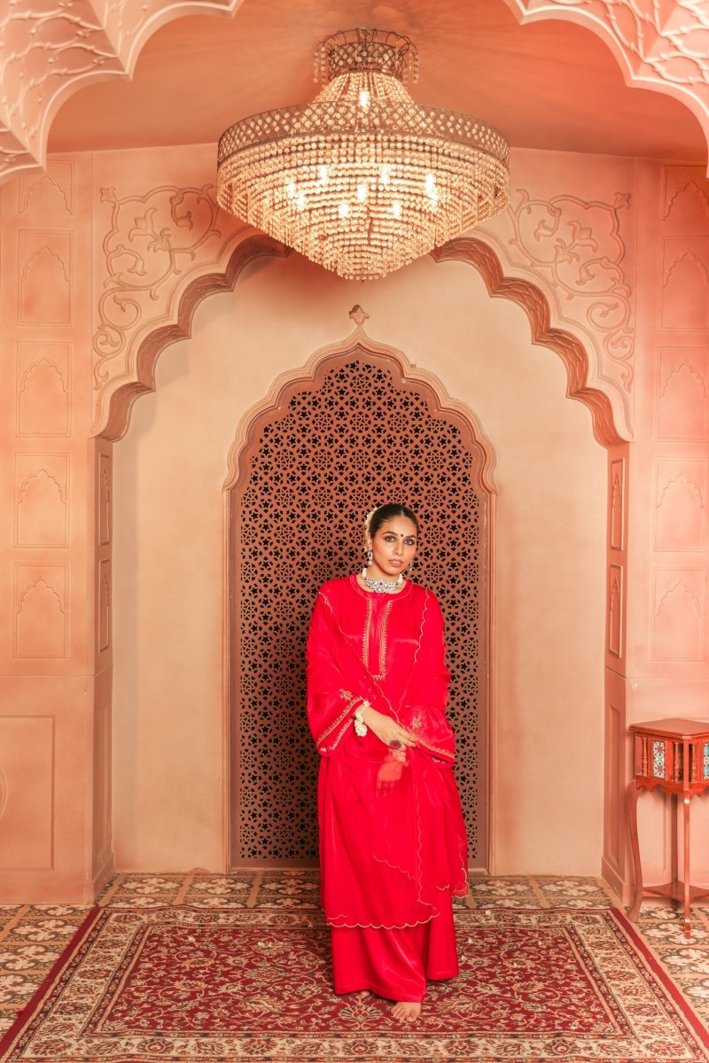 Red Gajji silk Embroiderd sharara set with elasticated waist pant and dupatta - Outro Studio