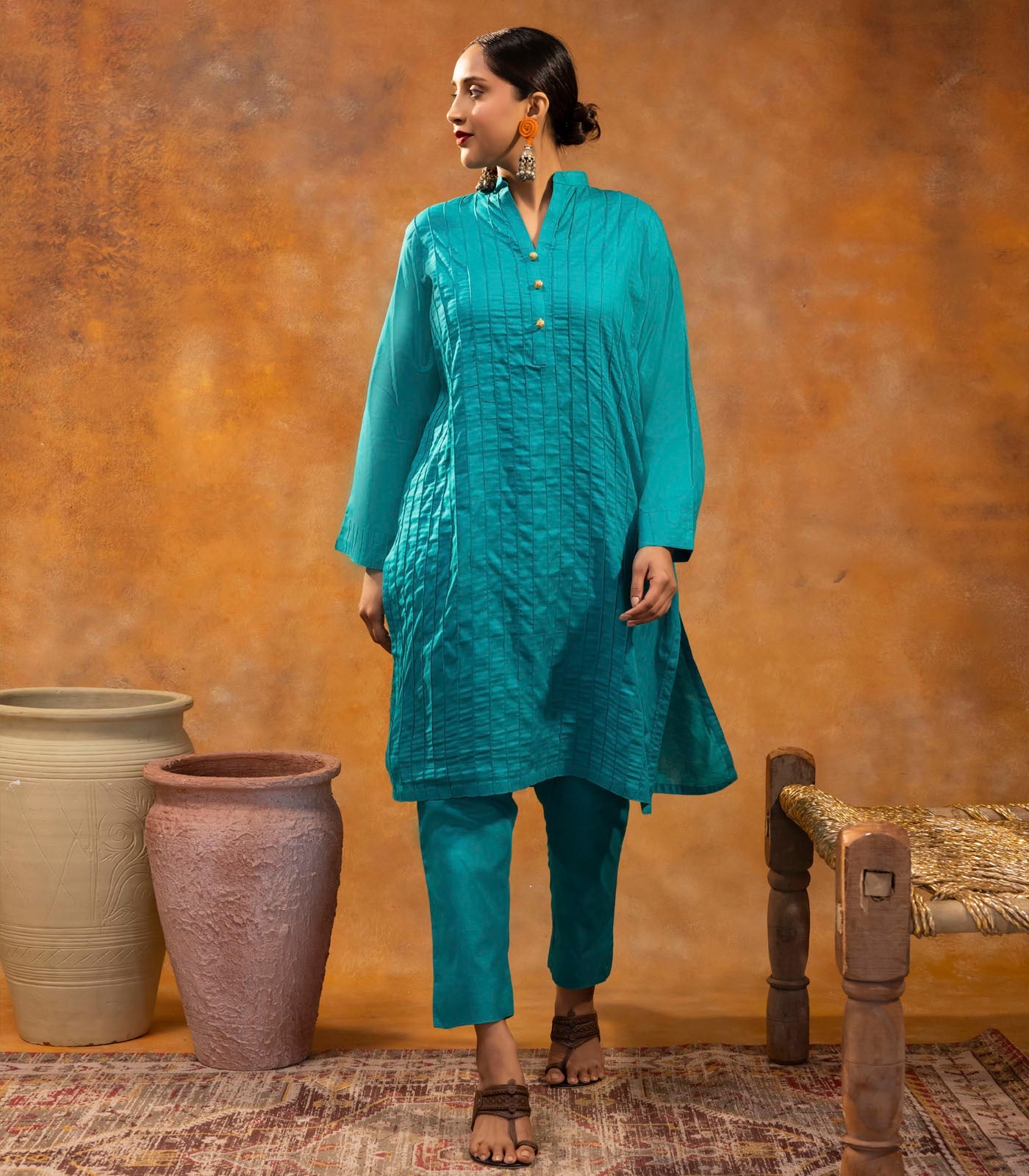 Teal Cotton Long Kurta