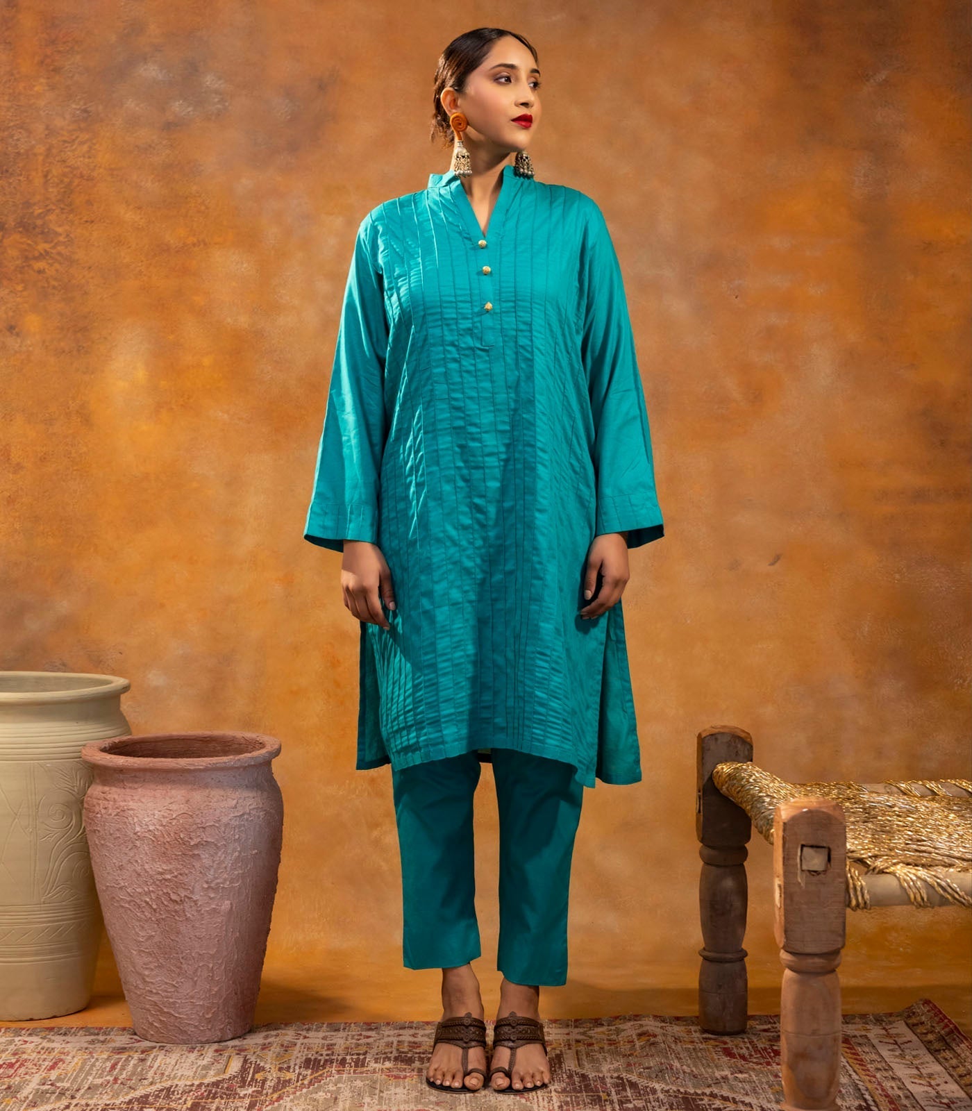 Teal Cotton Long Kurta