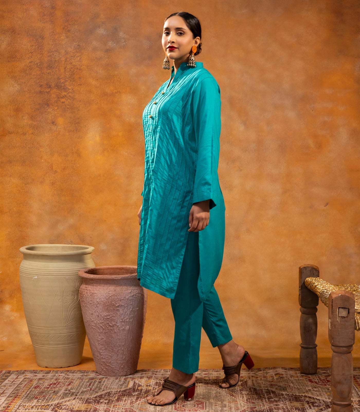 Teal Cotton Long Kurta