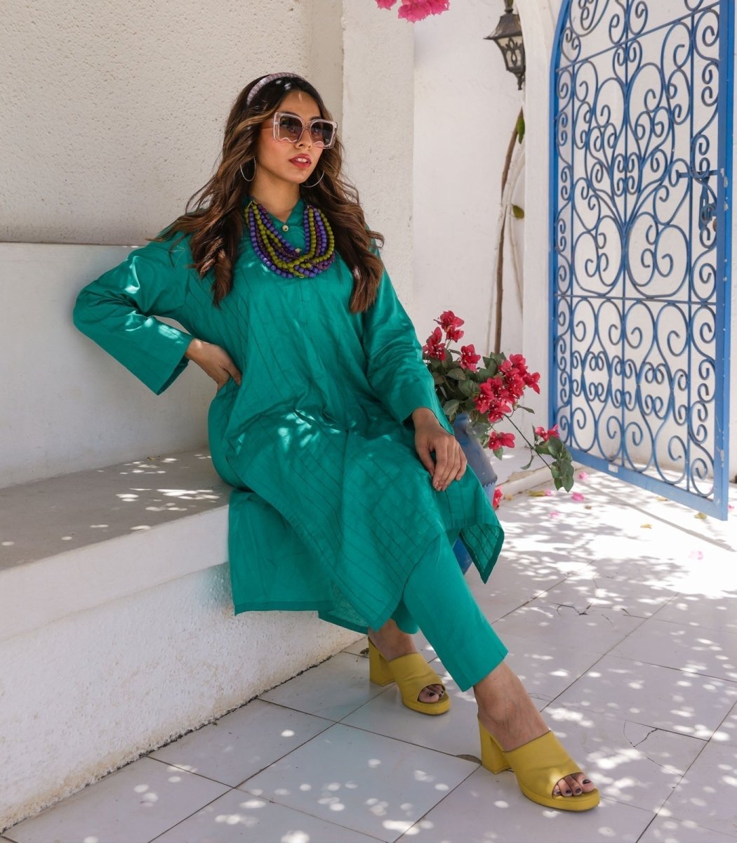 Teal Cotton Long Kurta - Outro Studio